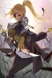 Rule 34 | 10s, 1girl, alternate hairstyle, armor, armored dress, artist request, black pantyhose, blade &amp; soul, blonde hair, breasts, brown gloves, character request, cowboy shot, elbow gloves, eyepatch, feathers, female focus, fighting stance, gloves, green eyes, large breasts, light smile, long hair, looking at viewer, official art, pantyhose, pauldrons, ponytail, shoulder armor, solo, sword, weapon