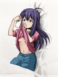 Rule 34 | 1girl, absurdres, ahoge, bed, bed sheet, blush, breasts, cellphone, clothes lift, cowboy shot, dot nose, hair between eyes, highres, holding, holding phone, idolmaster, idolmaster million live!, idolmaster million live! theater days, lifting own clothes, long hair, looking at object, lying, matcha kingyo, mochizuki anna, navel, no bra, on back, on bed, parted bangs, phone, shirt grab, shirt lift, short sleeves, sidelocks, skirt, small breasts, smartphone, solo, underboob, wiping