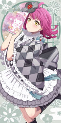 Rule 34 | 1girl, 2022, absurdres, ahoge, apron, argyle, argyle clothes, argyle kimono, black footwear, blunt ends, blush, boots, bow, closed mouth, drawing, expressionless, flower, frilled apron, frills, grey kimono, hair bow, hair flower, hair ornament, highres, japanese clothes, kimono, knee boots, looking at viewer, love live!, love live! nijigasaki high school idol club, maid, pink hair, pukonuu, short hair, sketchbook, solo, tennoji rina, wa maid, waist apron, white apron, wide sleeves, yellow eyes