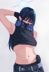 Rule 34 | 1girl, absurdres, arm up, armpits, bare arms, bare shoulders, belt, black belt, black gloves, black pants, black shirt, blue archive, blue eyes, blue hair, breasts, commentary, crop top, gloves, grey background, highres, hikkio, large breasts, long hair, looking at viewer, mask, midriff, mouth mask, navel, no headwear, pants, saori (blue archive), shirt, simple background, sleeveless, sleeveless shirt, solo, stomach, underboob, upper body