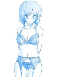 Rule 34 | 1girl, arms behind back, blue theme, blush, bow, bow bra, bra, breasts, closed mouth, commentary, cowboy shot, frown, garter belt, girls und panzer, gluteal fold, lace, lace-trimmed bra, lace-trimmed panties, lace trim, lingerie, looking at viewer, medium breasts, momonosuke (u-ma991028), navel, nishizumi miho, panties, short hair, solo, standing, sweatdrop, underwear, underwear only
