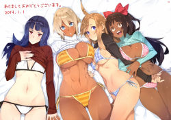 Rule 34 | 23 (real xxiii), 4girls, abs, bikini, black hair, blue eyes, blush, breasts, brown-haired girl (23), brown hair, clothes lift, dark-skinned female, dark skin, female focus, flat-chested girl (23), highres, jewelry, large breasts, looking at viewer, lying, multiple girls, on back, on side, original, red eyes, ring, sela (23), shirt lift, small breasts, swimsuit, translated, ursula (23), wedding band, yellow eyes