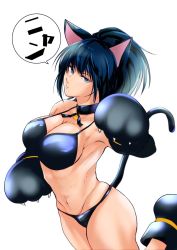 Rule 34 | 1girl, animal costume, animal ears, animal hands, bikini, blue eyes, blue hair, breasts, cat costume, cat ears, cat paws, cat tail, cleavage, earrings, gloves, highres, jewelry, large breasts, leona heidern, long hair, paw shoes, pfppe, ponytail, shoes, snk heroines: tag team frenzy, solo, swimsuit, tail, the king of fighters