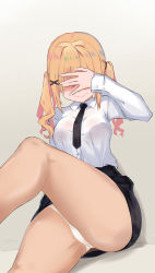 Rule 34 | 1girl, bang dream!, black neckwear, black skirt, blonde hair, blush, breasts, censored, closed mouth, clothes lift, collared shirt, commentary, feet out of frame, grey background, hair ornament, hand on own face, hidden eyes, high-waist skirt, highres, ichigaya arisa, identity censor, jewelry, jokarara, knee up, long hair, long sleeves, medium breasts, necklace, on floor, on ground, panties, pencil skirt, shirt, sidelocks, sitting, skirt, skirt lift, smile, solo, thick thighs, thighs, underwear, white panties, white shirt, wing collar, x hair ornament