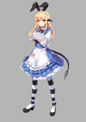 Rule 34 | 1girl, absurdres, alice (alice in wonderland), alice (alice in wonderland) (cosplay), alice in wonderland, animal ears, au ra, blonde hair, closed mouth, cosplay, crossed arms, dragon horns, dragon tail, dress, final fantasy, final fantasy xiv, frilled dress, frills, grey background, hairband, highres, horns, long hair, looking at viewer, pantyhose, rabbit ears, red eyes, saika crimson, scales, simple background, solo, standing, striped clothes, striped pantyhose, tail, tiara