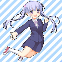 Rule 34 | 10s, 1girl, formal, new game!, pencil skirt, purple eyes, purple hair, skirt, skirt suit, solo, suit, suzukaze aoba, twintails, white legwear, win opz