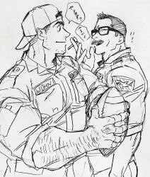 Rule 34 | 2boys, arm hair, backwards hat, ball, bara, baseball cap, billy russell (dickfish), cigarette, dickfish (fishismdick), facial hair, glasses, hat, holding, holding cigarette, john rottweil (dickfish), large hands, large pectorals, male focus, mature male, military, military uniform, multiple boys, muscular, muscular male, mustache, original, pectorals, rugby ball, scan, short hair, sideburns, sketch, smile, thick eyebrows, traditional media, uniform, upper body