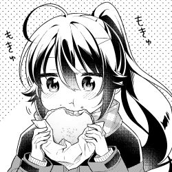 Rule 34 | 1girl, :t, ahoge, blush, burger, chewing, closed mouth, eating, fast food, food, food on face, food wrapper, greyscale, hair between eyes, halftone, halftone texture, hands up, high ponytail, highres, holding, holding food, jaggy lines, layered sleeves, long hair, long sleeves, looking at viewer, monochrome, motion lines, no nose, official art, polka dot, polka dot background, ponytail, shiawase toriming, solo, sound effects, tokiniwa tsubasa, upper body, warabimochi kinako, white background