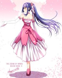 Rule 34 | 1girl, alternate costume, bare shoulders, blue hair, bow, cherry blossoms, copyright name, dated, dress, eiyuu densetsu, elbow gloves, falcom, female focus, gloves, hair bow, laura s. arseid, long hair, looking at viewer, looking back, md5 mismatch, morisaki kurumi, outstretched arm, petals, pink dress, ponytail, resized, resolution mismatch, sen no kiseki, sen no kiseki ii, solo, source larger, twitter username, yellow eyes
