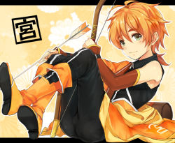 Rule 34 | 1boy, 344 (prismlink), arrow (projectile), bow (weapon), full body, green eyes, kyuushuu sentai danjiger, male focus, miyazaki touya, orange hair, smile, solo, weapon