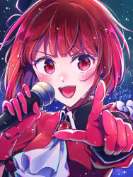 Rule 34 | 1girl, arima kana, ascot, blunt bangs, blush, bob cut, brooch, close-up, commentary, dress, gloves, hair strand, happy, hat, holding, holding microphone, idol, idol clothes, jewelry, looking at viewer, microphone, open mouth, oshi no ko, pointing, pointing at viewer, portrait, red dress, red eyes, red gloves, red hair, red shirt, shirt, short hair, smile, solo, sweat, tsukisaka iro, v-shaped eyebrows, white ascot