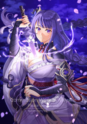 Rule 34 | 1girl, braid, breasts, bridal gauntlets, cleavage, commentary request, commission, electricity, genshin impact, hand up, human scabbard, japanese clothes, kimono, long hair, looking at viewer, medium breasts, obi, off shoulder, parted lips, petals, purple eyes, purple hair, purple kimono, raiden shogun, sash, short sleeves, solo, twin braids, very long hair, villyane, watermark, web address, wide sleeves