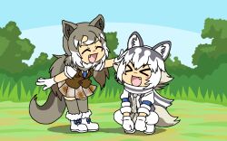 Rule 34 | &gt; &lt;, 2girls, :d, ^ ^, animal ears, armband, blush stickers, brown hair, chibi, closed eyes, dual persona, eastern wolf (kemono friends), eastern wolf (kemono friends) (old design), facing another, fang, full body, fur-trimmed footwear, fur collar, fur trim, gloves, grey hair, hand on another&#039;s head, happy, headpat, kemono friends, leaning forward, long hair, long sleeves, medium hair, miniskirt, multicolored hair, multiple girls, necktie, open clothes, open mouth, open vest, outstretched arms, outstretched hand, plaid, plaid necktie, plaid skirt, pleated skirt, scarf, shoes, short sleeves, skirt, smile, squatting, srd (srdsrd01), standing, tail, thighhighs, twintails, vest, white gloves, white hair, wolf ears, wolf girl, wolf tail, xd