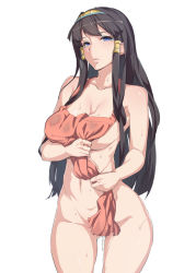 Rule 34 | 1girl, apron, black hair, blue eyes, breasts, cleavage, egyptian, female focus, hair tubes, hairband, isis (p&amp;d), kurowa, large breasts, lips, long hair, naked apron, navel, puzzle &amp; dragons, solo, sweat, wringing clothes