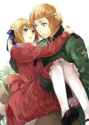 Rule 34 | 1boy, 1girl, ariko, axis powers hetalia, bad id, bad pixiv id, black gloves, blonde hair, blue eyes, brother and sister, carrying, dress, flower, gloves, green eyes, hair flower, hair ornament, hair ribbon, liechtenstein (hetalia), mary janes, military, military uniform, open mouth, pantyhose, princess carry, red dress, ribbon, shoes, short hair, siblings, sitting, smile, striped clothes, striped dress, switzerland (hetalia), uniform, vertical stripes, white pantyhose