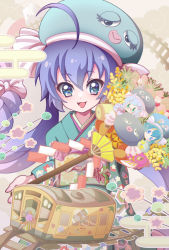 Rule 34 | 1girl, :3, :d, ahoge, animal hat, blue eyes, blue hair, blush, bow, eel hat, hair bow, hand fan, haruka nsn, hat, highres, japanese clothes, kimono, new year, open mouth, otomachi una, otomachi una (spicy), otomachi una (talkex), railroad tracks, smile, solo, train, twintails, vocaloid