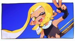 Rule 34 | 1girl, ;d, agent 3 (splatoon 3), asymmetrical hair, bandaged arm, bandaged hand, bandages, bare shoulders, black shirt, blonde hair, blush, bow (weapon), braid, earpiece, eyebrow cut, fang, highres, inari1369, inkling, inkling girl, inkling player character, long hair, nintendo, one eye closed, open mouth, pointy ears, shirt, sleeveless, sleeveless shirt, smile, solo, splatoon (series), splatoon 3, squidbeak splatoon, suction cups, teeth, tentacle hair, torn clothes, torn shirt, tri-stringer (splatoon), weapon, yellow eyes