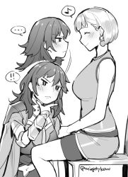 Rule 34 | !, !!, &gt;:(, ..., 2girls, aged up, arm guards, blush, breasts, byleth (female) (fire emblem), byleth (fire emblem), cape, chair, closed eyes, closed mouth, clothing cutout, detached collar, fire emblem, fire emblem: three houses, gameplay mechanics, ge-b, greyscale, hand up, jacket, jacket on shoulders, large breasts, long hair, looking at another, looking at breasts, mercedes von martritz, monochrome, multiple girls, musical note, navel, navel cutout, nintendo, profile, short hair, sitting, sleeveless, smile, spoken musical note, staring