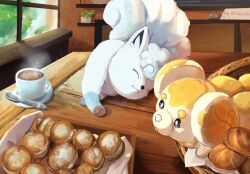 Rule 34 | alolan form, alolan vulpix, animal focus, basket, bread, chufflepop, closed eyes, closed mouth, coffee, coffee mug, commentary, creatures (company), cup, dog, english commentary, english text, fidough, food, game freak, gen 7 pokemon, highres, indoors, mug, multiple tails, nintendo, no humans, pawpads, pokemon, pokemon (creature), sign, spoon, steam, tail, window