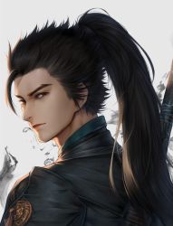 Rule 34 | 1boy, absurdres, brown eyes, brown hair, character request, closed mouth, commentary request, from behind, gujian qitan, hair tie, high ponytail, highres, hua-j, long hair, looking at viewer, looking back, male focus, ponytail, smile, smoke, solo, weapon, weapon on back