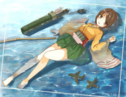 Rule 34 | 10s, 1girl, afloat, aircraft, airplane, arrow (projectile), bare legs, barefoot, bow (weapon), brown eyes, brown hair, highres, hiryuu (kancolle), japanese clothes, kantai collection, kimono, kimono skirt, looking at viewer, lying, on back, parted lips, partially submerged, pleated skirt, shallow water, skirt, solo, water, weapon, wide sleeves, yon (letter)