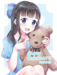 Rule 34 | 1girl, :d, black hair, blue bow, blue dress, blue eyes, blush, bow, commentary request, dated, dress, hair bow, half updo, happy birthday, highres, holding, holding stuffed toy, long hair, looking at viewer, mole, mole under eye, open mouth, pipette (artist), real life, smile, solo, stuffed animal, stuffed toy, suzuki aina (voice actor), teddy bear