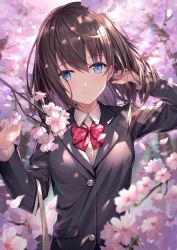 Rule 34 | 1girl, bag, blue eyes, blue jacket, blush, bow, bowtie, breasts, brown hair, cherry blossoms, closed mouth, collared shirt, commentary request, day, floating hair, hair between eyes, hands up, head tilt, highres, jacket, long hair, looking at viewer, medium breasts, original, outdoors, petals, red bow, red bowtie, rin yuu, school bag, school uniform, shirt, sidelocks, smile, solo, upper body, white shirt, wind