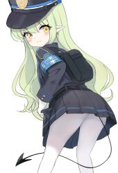 Rule 34 | 1girl, absurdres, black hat, black jacket, black skirt, black tail, blonde hair, blue archive, blush, closed mouth, demon tail, earrings, feet out of frame, gloves, hat, highres, hikari (blue archive), jacket, jewelry, long hair, long sleeves, looking at viewer, looking back, pantyhose, peaked cap, pleated skirt, pointy ears, simple background, single earring, skirt, solo, sorozukin, tail, white background, white gloves, white pantyhose, yellow eyes
