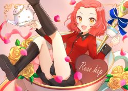 Rule 34 | 1girl, :d, black footwear, black skirt, boots, candy, character name, chocolate, chocolate heart, commentary, cup, epaulettes, food, girls und panzer, heart, highres, holding, holding cup, holding saucer, jacket, kettle, leg up, long sleeves, looking at viewer, medium hair, military, military uniform, open mouth, orange eyes, pleated skirt, red hair, red jacket, rosehip (girls und panzer), saucer, skirt, smile, solo, st. gloriana&#039;s military uniform, teacup, uniform, yaminabe (szhal14)
