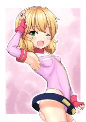 Rule 34 | 10s, 1girl, :d, armpits, ass, bare shoulders, blonde hair, blush, bow, breasts, cowboy shot, female focus, fingerless gloves, gloves, hair bow, highres, idolmaster, idolmaster cinderella girls, one eye closed, open mouth, outside border, qm, sakurai momoka, small breasts, smile, solo, standing, thighhighs, white thighhighs