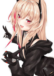 Rule 34 | black gloves, black jacket, black scarf, black tank top, blonde hair, coffeedog, commentary request, eyebrows, fang, girls&#039; frontline, gloves, hair over shoulder, happy, head tilt, headgear, highres, jacket, long hair, m4 sopmod ii (girls&#039; frontline), multicolored hair, open mouth, pouch, red eyes, red hair, scarf, sidelocks, simple background, smile, solo, tank top, v, white background