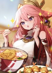 Rule 34 | 1girl, absurdres, animal ears, ankkoyom, blurry, blurry background, breasts, chopsticks, detached sleeves, earrings, fox ears, fukuuchi udon (genshin impact), genshin impact, golden shrimp balls (genshin impact), hair between eyes, hands up, highres, holding, holding chopsticks, jewelry, large breasts, long hair, looking at food, nail polish, nontraditional miko, open mouth, pink hair, pink nails, purple eyes, sidelocks, solo, sparkle, steaming food, surprised, toenail polish, toenails, turtleneck, upper body, vision (genshin impact), wide sleeves, yae miko