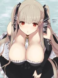 Rule 34 | 1girl, 2021, azur lane, bare shoulders, between breasts, black nails, breasts, cleavage, dress, ear piercing, formidable (azur lane), frilled dress, frills, from above, gothic lolita, hair ribbon, highres, large breasts, lolita fashion, long hair, looking at viewer, looking up, nail polish, neckwear between breasts, pantyhose, piercing, platinum blonde hair, red eyes, ribbon, solo, twintails, two-tone dress, two-tone ribbon, very long hair, white neckwear, yamamori kinako