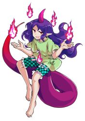 Rule 34 | 1girl, alphes (style), barefoot, clothes writing, dairi, full body, green shirt, green shorts, horns, long hair, open mouth, parody, pointy ears, purple hair, purple horns, purple tail, red eyes, shirt, short sleeves, shorts, single horn, smile, solo, style parody, syringe, tachi-e, tenkajin chiyari, test tube, touhou, transparent background