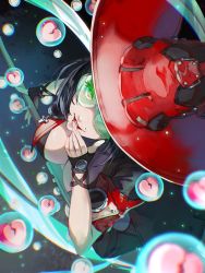 Rule 34 | 1girl, bad id, bad twitter id, black hair, breasts, bubble, cleavage, fingerless gloves, foreshortening, from above, gloves, green-tinted eyewear, guilty gear, guilty gear strive, hat, highres, i-no, large breasts, pos (shiratama-ya), red headwear, red lips, short hair, sunglasses, tinted eyewear, witch hat
