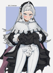 Rule 34 | 1futa, arknights, black gloves, blue background, blush, bulge, closed mouth, clothes lift, cowboy shot, cum, cum in clothes, cum through clothes, earrings, erection, erection under clothes, futanari, gloves, grey eyes, grey hair, highres, irene (arknights), jewelry, lifting own clothes, long hair, long sleeves, mirin chikuwa, pantyhose, scar, scar across eye, skirt, skirt lift, solo, two-tone background, white background, white pantyhose