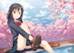 Rule 34 | 1girl, black hair, bow, cherry blossoms, day, dutch angle, hair between eyes, hair ornament, long sleeves, looking at viewer, original, outdoors, petals, pleated skirt, red bow, red eyes, school uniform, shoes, single shoe, sitting, skirt, soaking feet, solo, thighs, water, yuuri nayuta