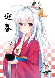 Rule 34 | 1girl, ahoge, animal, animal on head, bowl, checkered background, chinese zodiac, chopsticks, commentary request, cow, eating, food, gradient background, hair between eyes, hair ribbon, highres, holding, holding bowl, holding chopsticks, japanese clothes, kimono, long hair, long sleeves, looking at viewer, mochi, obi, on head, one side up, orange ribbon, original, red eyes, red kimono, ribbon, sash, signature, siroyuki, solo, standing, translation request, very long hair, white background, white hair, wide sleeves, year of the ox