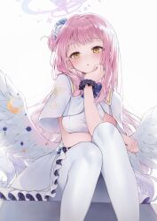 Rule 34 | 1girl, angel wings, blue archive, blush, breasts, commentary request, crescent, dress, feathered wings, gradient halo, halo, highres, large breasts, long hair, looking at viewer, low wings, mika (blue archive), multicolored halo, paraffin, pink hair, pink halo, solo, white dress, white wings, wings, yellow eyes
