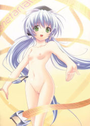 Rule 34 | 00s, 1girl, blue hair, breasts, cowboy shot, green eyes, hat, hoshino yumemi, long hair, navel, nipples, nude, nude filter, planetarian, pussy, ribbon, small breasts, solo, third-party edit, twintails, uncensored