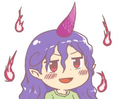 Rule 34 | 1girl, blush, green shirt, gyate gyate, horns, ikiyouz, jaggy lines, long hair, open mouth, pointy ears, portrait, purple hair, purple horns, red eyes, shirt, single horn, solo, tenkajin chiyari, touhou, transparent background, unfinished dream of all living ghost