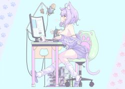 1girl ahoge animal_ear_fluff animal_ears black_camisole blue_background breast_rest breasts breasts_on_table camisole cat_ears cat_girl cat_tail chair cleavage coffee_mug computer_keyboard computer_mouse cup highres hololive jacket large_breasts leg_warmers medium_hair monitor mug nekomata_okayu nekomata_okayu_(membership) office_chair official_alternate_costume paw_print paw_print_background purple_eyes purple_hair purple_jacket purple_shorts shorts swivel_chair syam_illust tail two_side_up virtual_youtuber white_leg_warmers