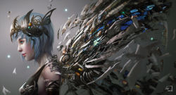 Rule 34 | 1girl, absurdres, bare shoulders, blue eyes, blue hair, closed mouth, from side, gradient background, highres, lips, looking to the side, mechanical wings, original, realistic, short hair, simple background, solo, straight hair, upper body, wei chang, wings