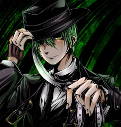 Rule 34 | 1boy, arc system works, balisong, blazblue, coat, gloves, glowing, glowing eyes, green background, green eyes, green hair, hat, hazama, knife, male focus, matching hair/eyes, necktie, shimo (depthbomb), slit pupils, solo, weapon, yellow eyes