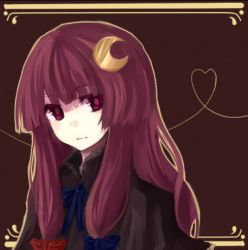 Rule 34 | 1girl, braid, crescent, crescent hair ornament, female focus, hair ornament, hat, heart, heart of string, kame, lowres, patchouli knowledge, purple eyes, purple hair, solo, touhou