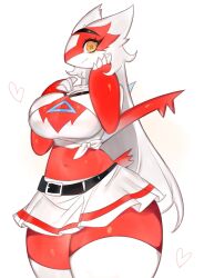 Rule 34 | 1girl, belt, breasts, cleavage, colored skin, creatures (company), dragon girl, furry, furry female, game freak, gen 3 pokemon, hand on own chest, hand on own face, headband, heart, highres, huge breasts, latias, legendary pokemon, long hair, looking at viewer, midriff, navel, nintendo, pokemon, pokemon (creature), red skin, shirt, smile, thick thighs, thighhighs, thighs, togetoge, white hair, white shirt, white thighhighs, wide hips, yellow eyes