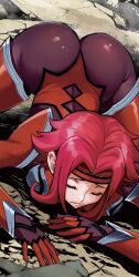 Rule 34 | 1girl, ass, bodysuit, breasts, closed eyes, closed mouth, code geass, embarrassed, flipped hair, furrowed brow, headband, highres, itachou, kouzuki kallen, large breasts, outdoors, pilot suit, purple bodysuit, red bodysuit, red hair, red headband, rubble, ruins, short hair, sidelocks, skin tight, solo, top-down bottom-up, two-tone bodysuit