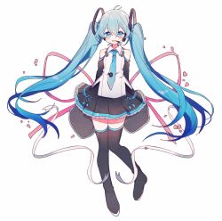 Rule 34 | :d, aqua eyes, aqua hair, aqua necktie, arms at sides, bare shoulders, black skirt, black thighhighs, blush, boots, collared shirt, cot (co2cotton), detached sleeves, frilled skirt, frills, full body, gears, grey shirt, hair between eyes, hatsune miku, hatsune miku (vocaloid4) (chinese), headset, highres, jpeg artifacts, knees together feet apart, long hair, looking at viewer, necktie, open mouth, pink ribbon, pleated skirt, ribbon, shirt, skirt, sleeveless, sleeveless shirt, sleeves past fingers, sleeves past wrists, smile, solo, thigh boots, thighhighs, twintails, very long hair, vocaloid, white background, zettai ryouiki