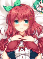 Rule 34 | 1girl, bed sheet, blush, bow, breasts, capelet, closed mouth, dakimakura (medium), green bow, green eyes, hair bow, hair ornament, hairband, hairclip, hands up, large breasts, looking at viewer, lying, on back, original, red capelet, red hair, short hair, short hair with long locks, smile, solo, suzunone rena, wristband