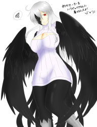 Rule 34 | 1girl, absurdres, ahoge, breasts, feathered wings, female focus, harpy, highres, homuzu, large breasts, long hair, looking at viewer, meme attire, monster girl, no pants, open-chest sweater, ponytail, red eyes, ribbed sweater, silver hair, solo, sweater, talons, turtleneck, vocaloid, white background, winged arms, wings, yowane haku
